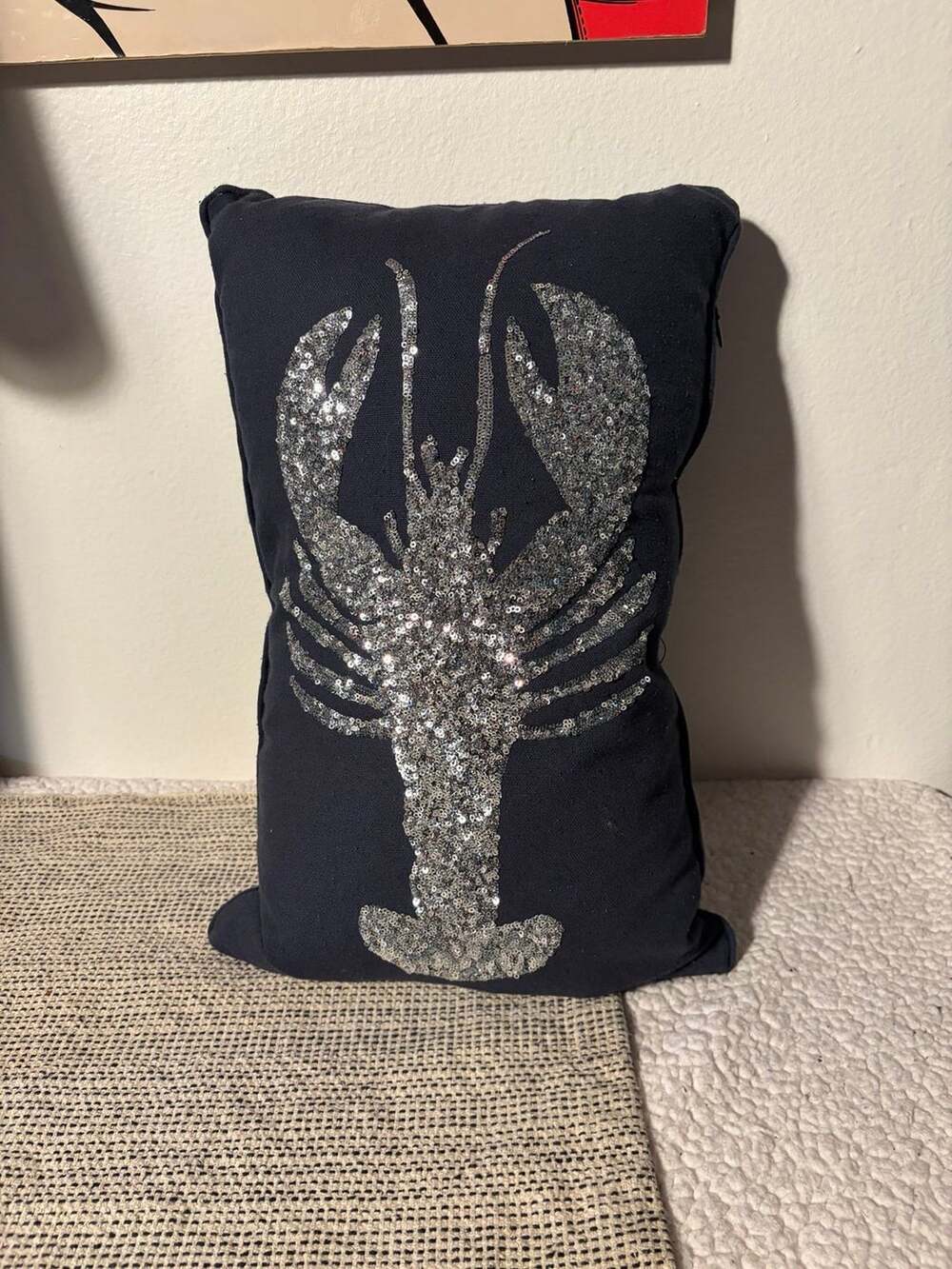 Navy Blue Sequin Lobster Throw Pillow